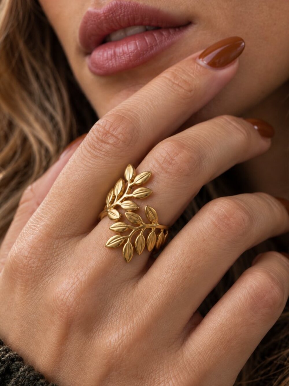 Gold Laurel Leaf Wrap Ring Adjustable Olive Branch Greek Goddess Size 6-9